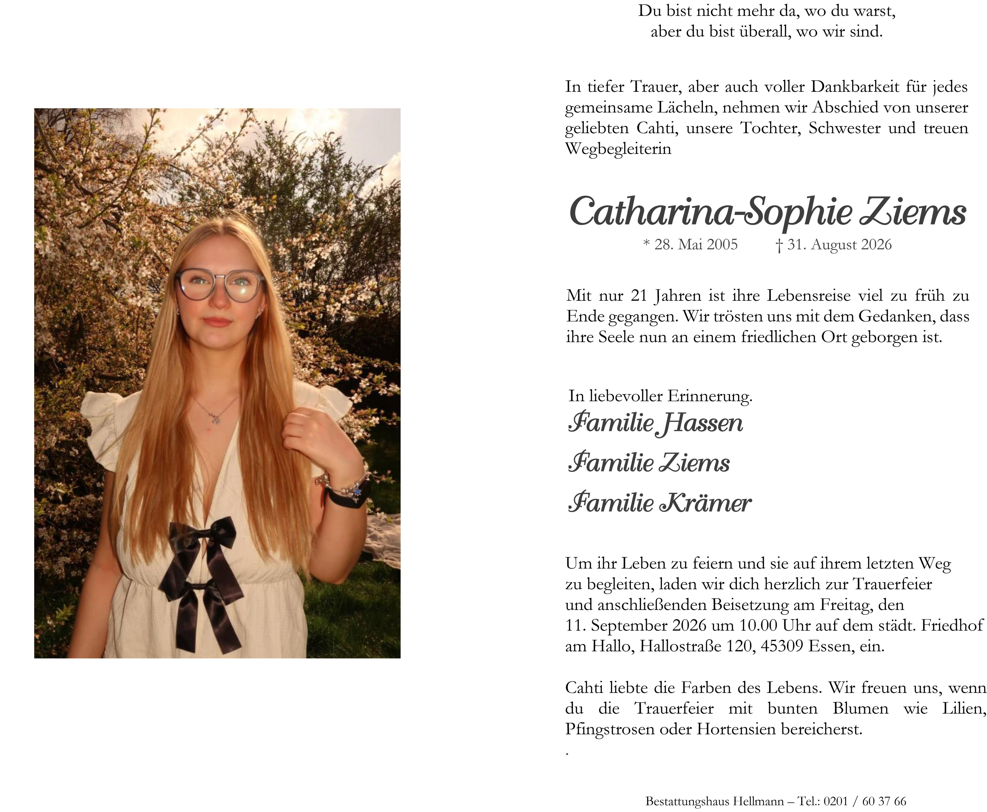 Traueranzeige für Catharina-Sophie Ziems